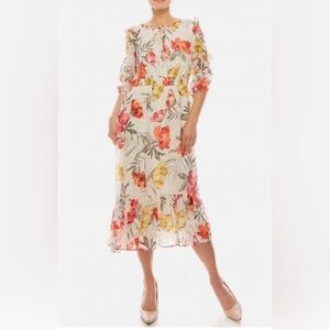 Maison Tara Floral Ruffle Trimmed Sleeve Tie Notch A Line Dress Size‎ 8